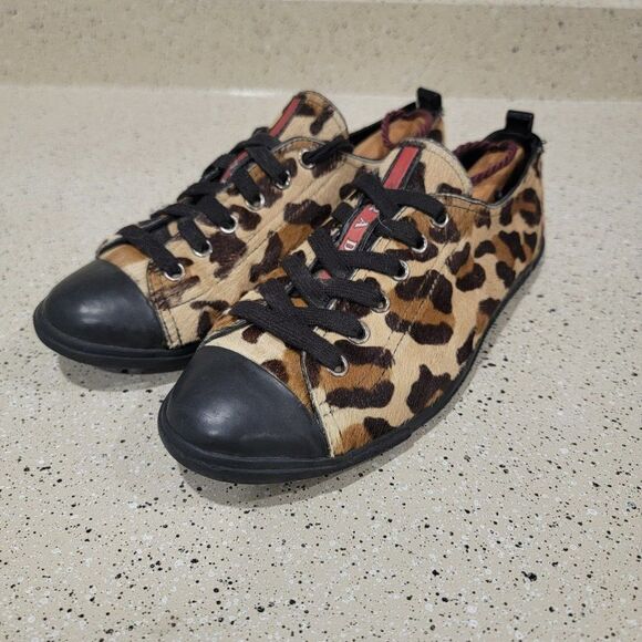 PRADA Linea Rosa Leopard Print Calf Hair Oxford Lace Up Flat 3E4739 39/8 - Picture 2 of 9